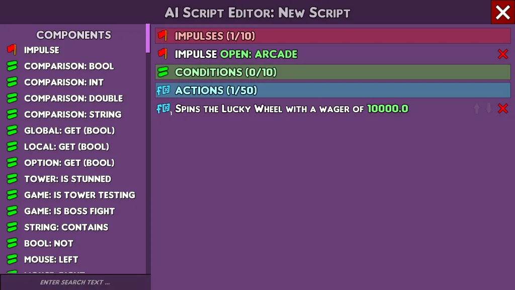 The script editor in the game: an Open Arcade trigger and an action that spins the Lucky Wheel